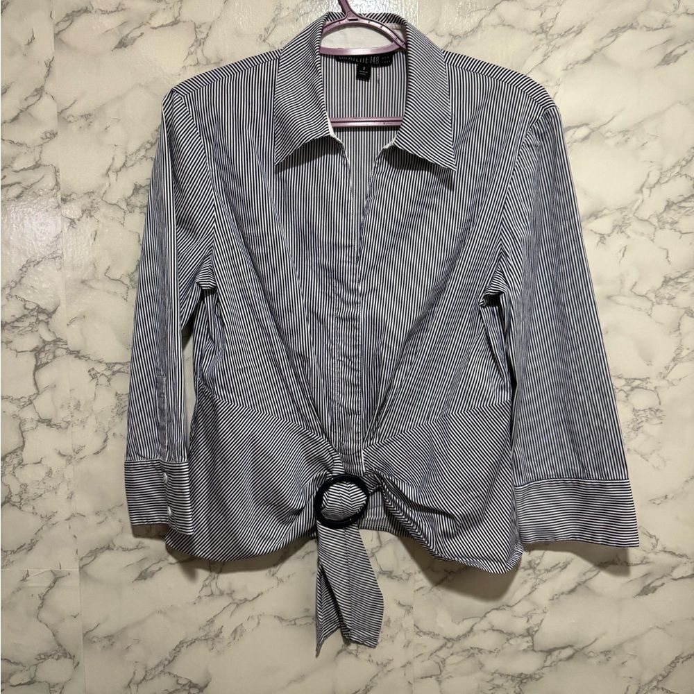Lafayette 148 New York Navy and White Narrow-Stripe Button Shirt - Picture 1 of 8